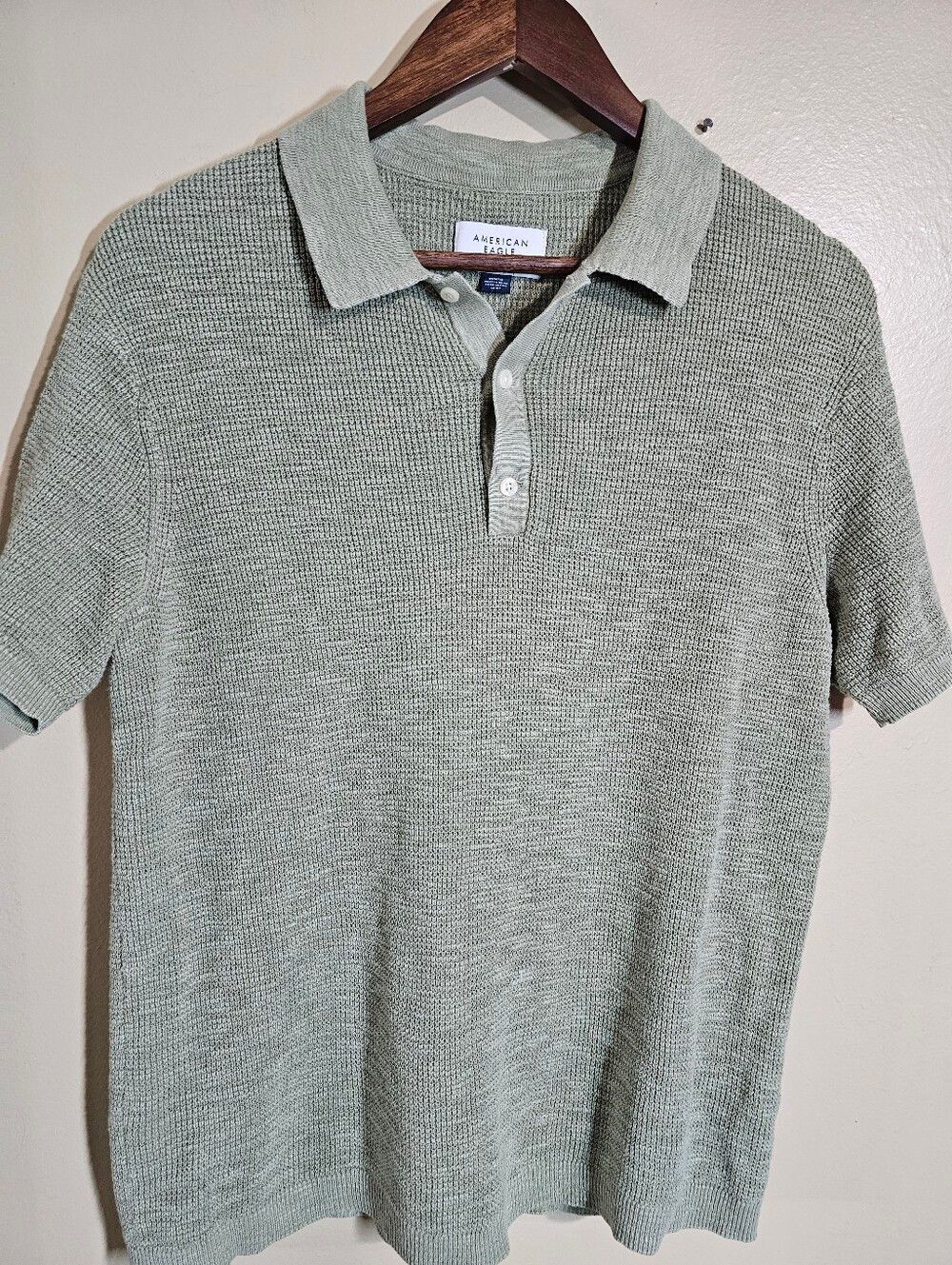 American Eagle Sage Green Textured Knit Polo Top Short Sleeve Women's M